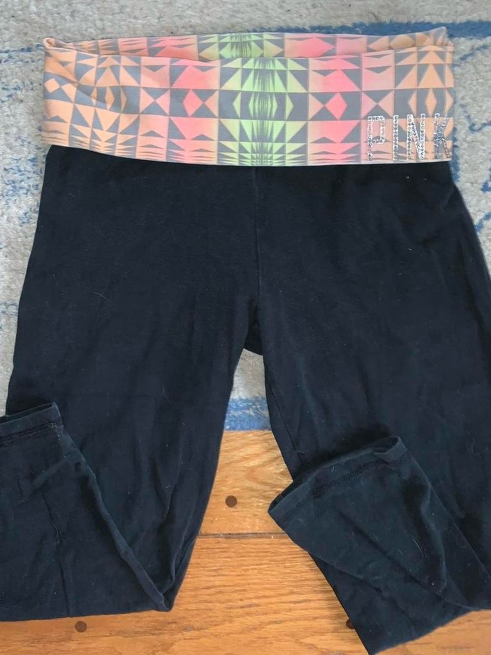Victoria's Secret Black Leggings with Neon Geo Foldover Waistband